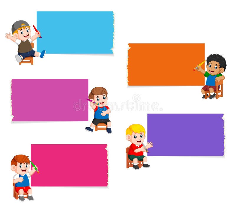 La colección del tablero en blanco en el diverso color con los niños que sostienen la pintura del cepillo ilustración del vector