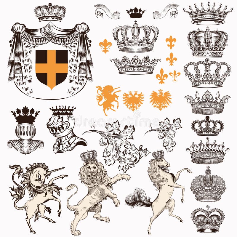 La colección o el sistema de vintage diseñó las coronas heráldicas y otra de los escudos del león del unicornio de los caballos d libre illustration La colección o el sistema de vintage diseñó las coronas heráldicas y otra de los escudos del león del unicornio de los caballos d libre illustration