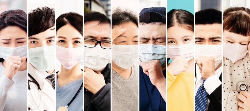 La collection de différentes personnes souffrent de la toux avec la protection de masque photos libres de droits