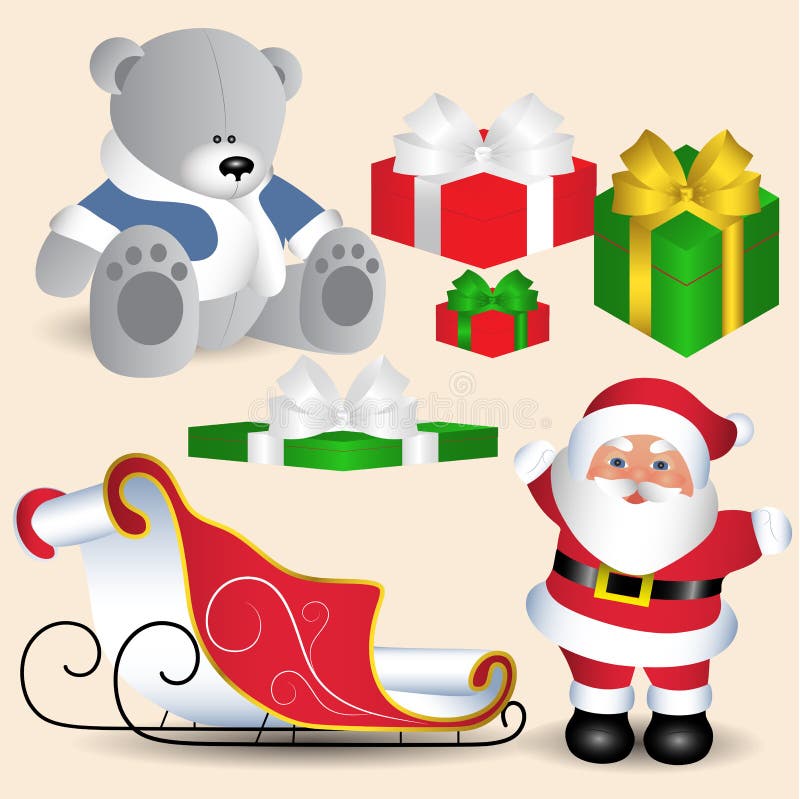 La collection de symboles de Noël, Santa Claus avec le traîneau, jouet soit illustration stock La collection de symboles de Noël, Santa Claus avec le traîneau, jouet soit illustration stock
