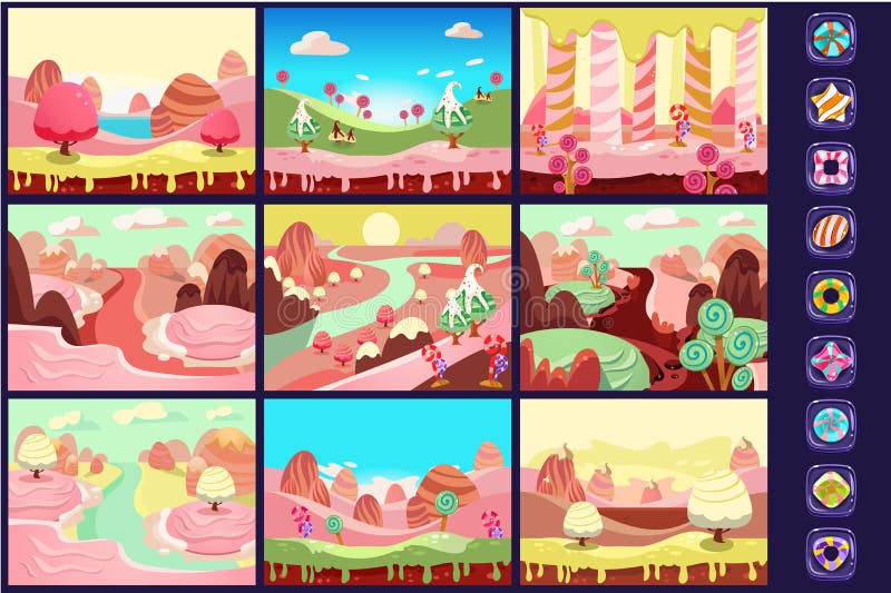 La collection du conte de fées aménage en parc, la terre douce de sucrerie, détails pour des illustrations de vecteur d'interface illustration libre de droits La collection du conte de fées aménage en parc, la terre douce de sucrerie, détails pour des illustrations de vecteur d'interface illustration libre de droits