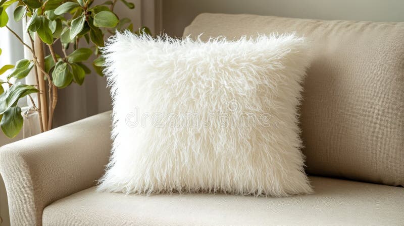 La combinación de blanquecinas almohadas blancas y plantas verdes con elementos naturales en una decoración relajante y hogareña c imagenes de archivo