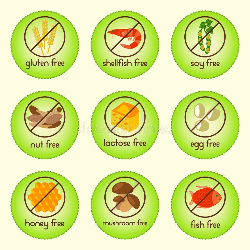 La comida colorida del alergénico fijó con el gluten libre, los crustáceos libres, soja libre, nuez libre, sin lactosa, huevo lib stock de ilustración La comida colorida del alergénico fijó con el gluten libre, los crustáceos libres, soja libre, nuez libre, sin lactosa, huevo lib stock de ilustración