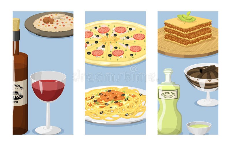 La comida de Italia de la historieta carda el ejemplo italiano tradicional fresco de cocinar hecho en casa delicioso del vector d stock de ilustración La comida de Italia de la historieta carda el ejemplo italiano tradicional fresco de cocinar hecho en casa delicioso del vector d stock de ilustración