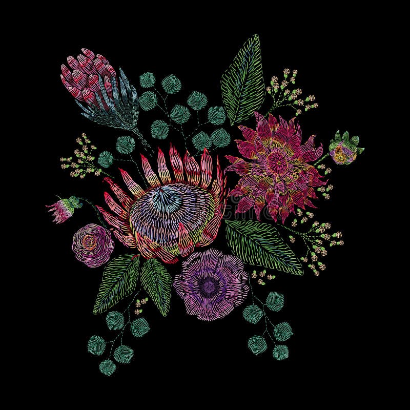 La composition brodée avec sauvage et le jardin fleurit, bourgeonne et part Conception florale de broderie de point de satin sur illustration de vecteur La composition brodée avec sauvage et le jardin fleurit, bourgeonne et part Conception florale de broderie de point de satin sur illustration de vecteur