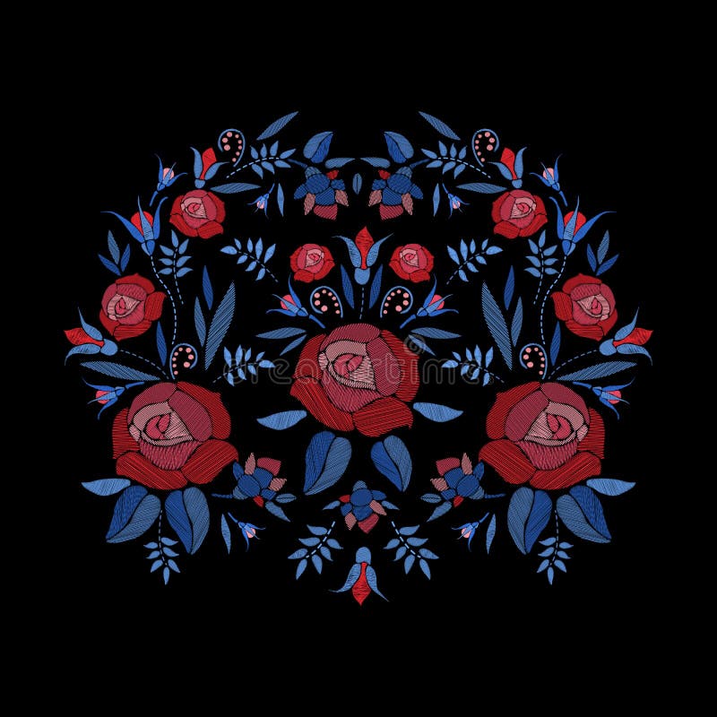 La composition brodée des roses fleurit, bourgeonne et part Conception florale de broderie de point de satin sur le fond noir illustration libre de droits La composition brodée des roses fleurit, bourgeonne et part Conception florale de broderie de point de satin sur le fond noir illustration libre de droits