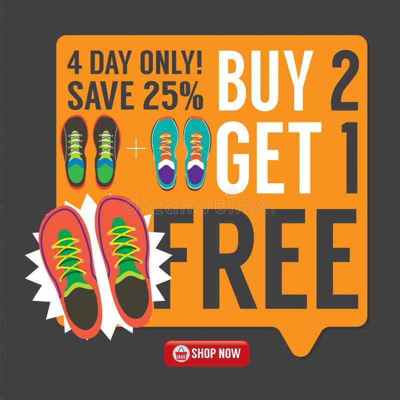 La compra 2 consigue 1 campaña de promoción libre de las zapatillas de deporte libre illustration La compra 2 consigue 1 campaña de promoción libre de las zapatillas de deporte libre illustration