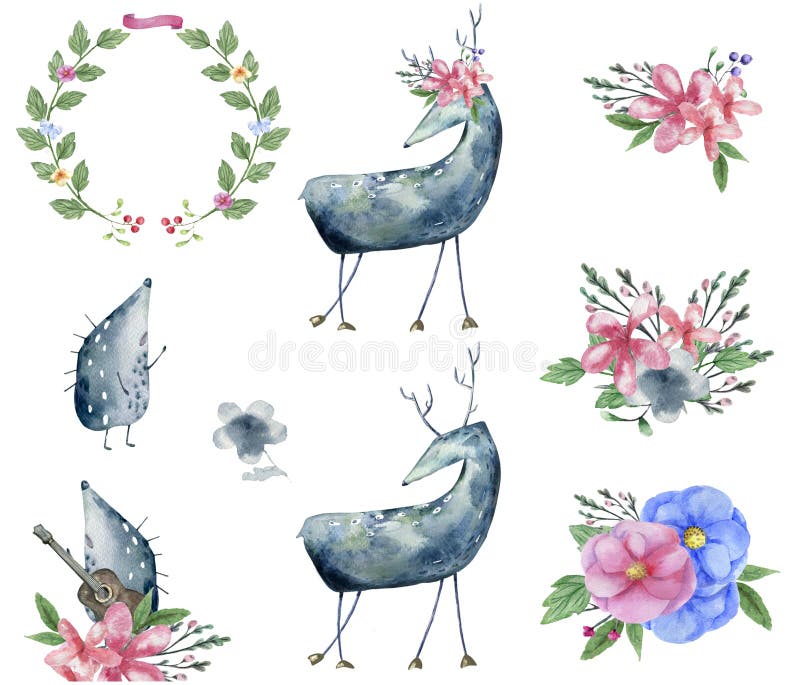 La conception de aquarelle bounquet deer s'épanouit l'illustration de dessin de cadre de caractère d'animaux de la forêt de print. La conception de aquarelle bounquet hedgehog de cerf fleurit le clipart (images) géométrique de fleurs de données bounquet de cadre d'illustration verte de dessin pour le fond blanc de vêtements de célébration d'impression de fête d'anniversaire