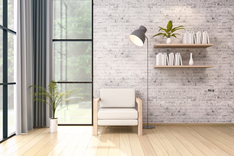 La conception intérieure de grenier moderne, la chaise blanche et la lampe noire sur le mur de briques, 3d rendent illustration de vecteur La conception intérieure de grenier moderne, la chaise blanche et la lampe noire sur le mur de briques, 3d rendent illustration de vecteur