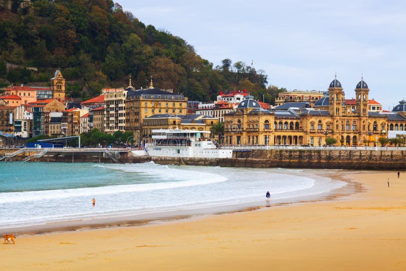 La Concha beach in autumn day at San Sebastian stock photography