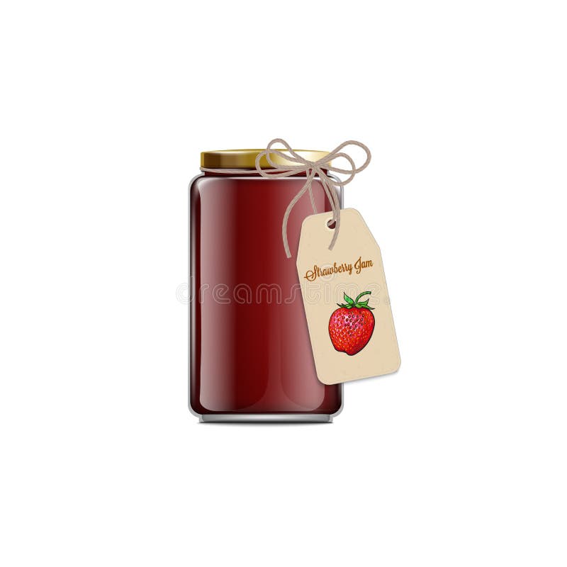 Strawberry jam or confiture in glass jar with craft label and berry tag, realistic vector mockup illustration isolated on white background. Sweet homemade desserts. Strawberry jam or confiture in glass jar with craft label and berry tag, realistic vector mockup illustration isolated on white background. Sweet homemade desserts.