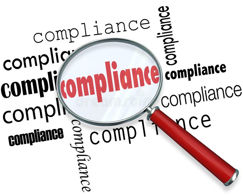 Compliance words under magnifying glass to illustrate the importance of following rules, regulations and guidelines in your profession, at work or career to conform to legal requirements. Compliance words under magnifying glass to illustrate the importance of following rules, regulations and guidelines in your profession, at work or career to conform to legal requirements