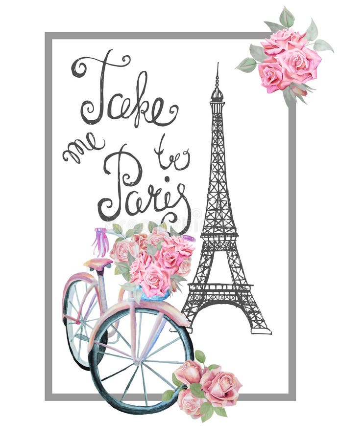 La copie romantique de T-shirt de Paris avec la bicyclette, Tour Eiffel et s'est levée illustration de vecteur La copie romantique de T-shirt de Paris avec la bicyclette, Tour Eiffel et s'est levée illustration de vecteur
