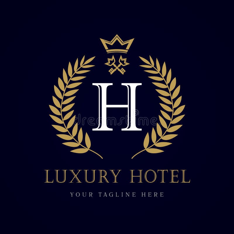 La corona y la llave del hotel de lujo ponen letras al logotipo del monograma del ` del ` H