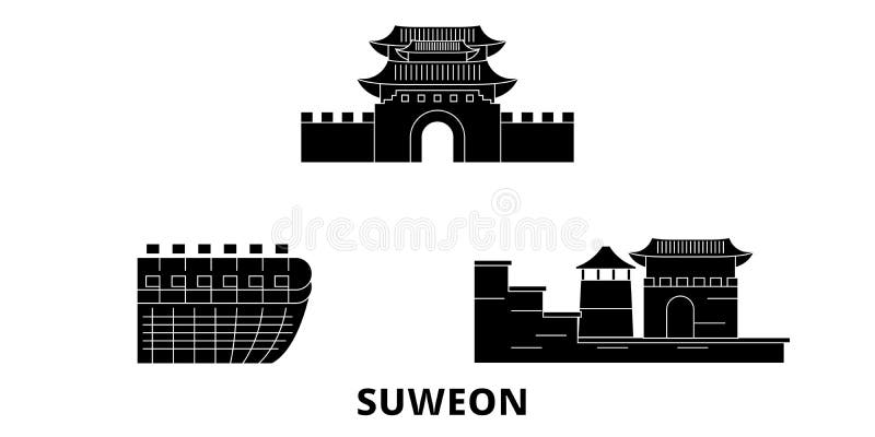 La Corée du Sud, ensemble plat d'horizon de voyage de Suweon La Corée du Sud, illustration de vecteur de ville de noir de Suweon, illustration de vecteur La Corée du Sud, ensemble plat d'horizon de voyage de Suweon La Corée du Sud, illustration de vecteur de ville de noir de Suweon, illustration de vecteur