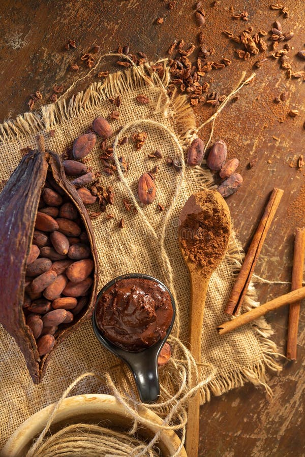 La cosse de cacao, les haricots et les graines de cacao ont installé sur le fond en bois rustique image libre de droits La cosse de cacao, les haricots et les graines de cacao ont installé sur le fond en bois rustique image libre de droits