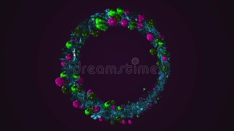 La couronne de Noël décorée de balles brillantes multicolores de différentes tailles Animation Arbre de Noël dans le cercle à illustration stock