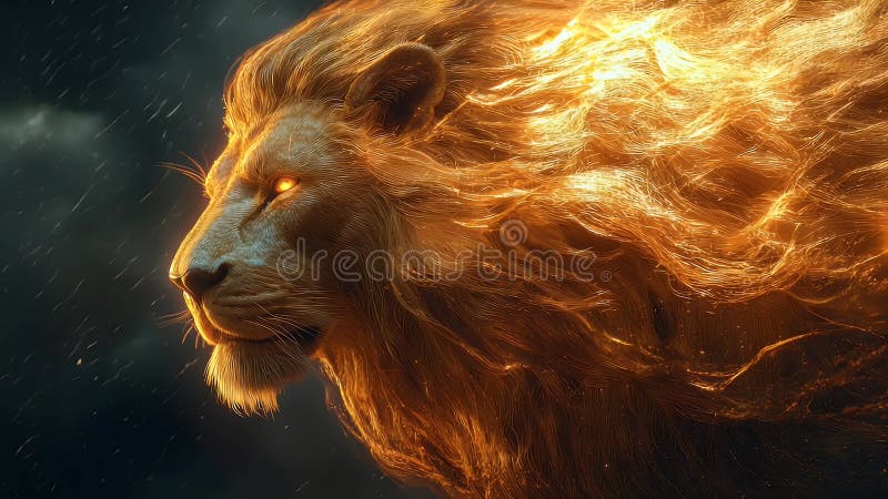La crinière de lionrsquo animée hyper réaliste se déplaçant comme des yeux d'or liquide perçant dans un contexte orageux majestueu illustration libre de droits