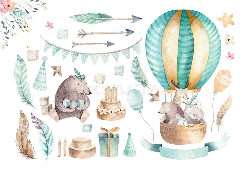 La crèche mignonne de bébé sur le ballon a isolé l'illustration pour des enfants Ours d'aquarelle de Bohème, hipo de chat et cerf La crèche mignonne de bébé sur le ballon a isolé l'illustration pour des enfants Ours d'aquarelle de Bohème, hipo de chat et cerf