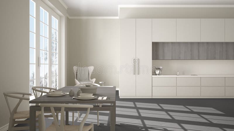 La cucina classica con i dettagli di legno, grigi e beige, tavolo da pranzo ha posto per due, le sedie ed il parquet di spina di fotografie stock libere da diritti La cucina classica con i dettagli di legno, grigi e beige, tavolo da pranzo ha posto per due, le sedie ed il parquet di spina di fotografie stock libere da diritti