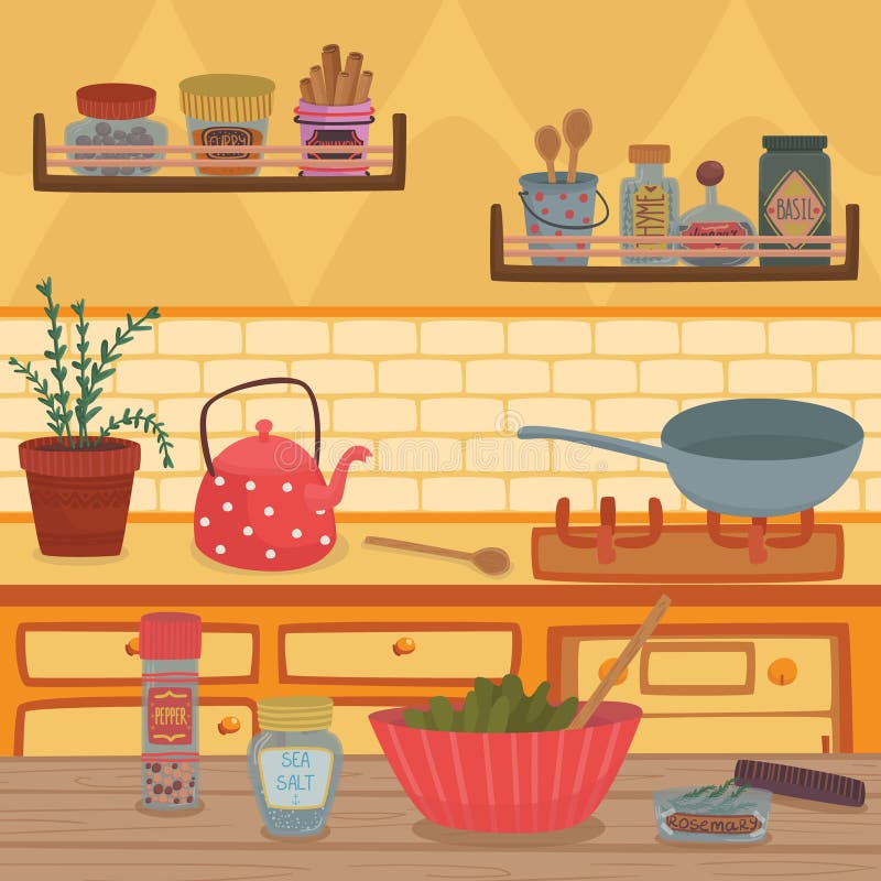 La cucina domestica con gli utensili dell'articolo da cucina, gli scaffali, le erbe e le spezie sulla tavola di legno vector l'il illustrazione vettoriale La cucina domestica con gli utensili dell'articolo da cucina, gli scaffali, le erbe e le spezie sulla tavola di legno vector l'il illustrazione vettoriale