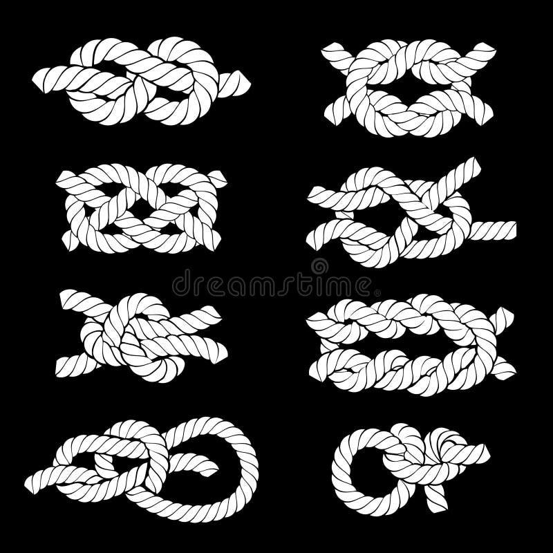 Set of Assorted White Rope Knots Icons in Different Unique Styles on Black Background. Set of Assorted White Rope Knots Icons in Different Unique Styles on Black Background.