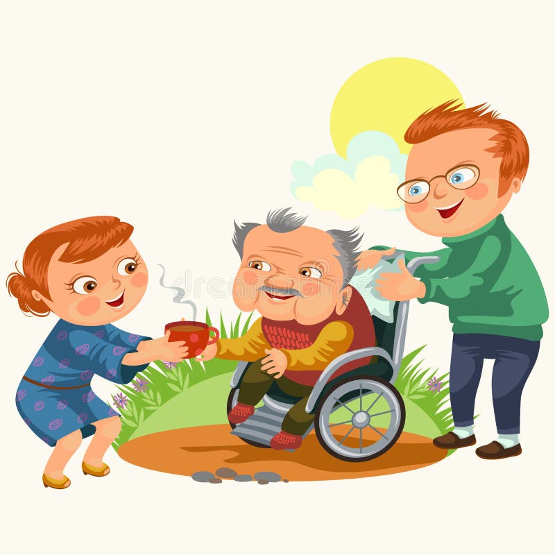 La cura della figlia e del figlio disattiva il genitore, papà che si siede in sedia a rotelle, il fondo felice del giorno di padr illustrazione vettoriale La cura della figlia e del figlio disattiva il genitore, papà che si siede in sedia a rotelle, il fondo felice del giorno di padr illustrazione vettoriale
