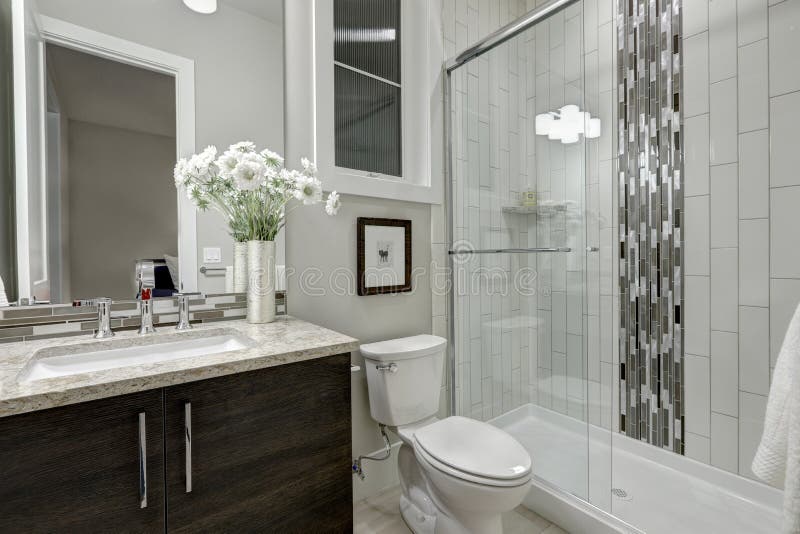 La doccia delle persone senza appuntamento di vetro in un bagno della casa di lusso