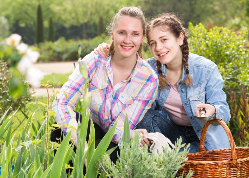 La donna bionda e la ragazza che lavorano in molla verde fanno il giardinaggio immagini stock libere da diritti La donna bionda e la ragazza che lavorano in molla verde fanno il giardinaggio immagini stock libere da diritti
