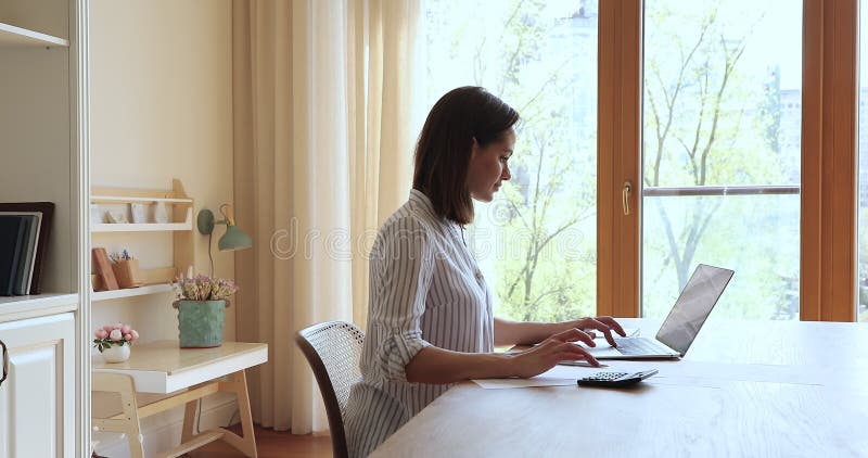 La donna calcola le spese e paga tramite il ebank use laptop