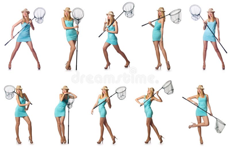 La donna con rete di cattura isolata su bianco fotografie stock libere da diritti La donna con rete di cattura isolata su bianco fotografie stock libere da diritti