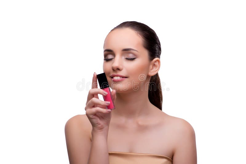 La donna con rossetto rosa isolato su bianco fotografia stock libera da diritti La donna con rossetto rosa isolato su bianco fotografia stock libera da diritti