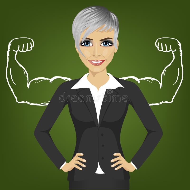 La donna di affari con il forte braccio muscles per successo che sta con le mani sulle anche illustrazione vettoriale La donna di affari con il forte braccio muscles per successo che sta con le mani sulle anche illustrazione vettoriale
