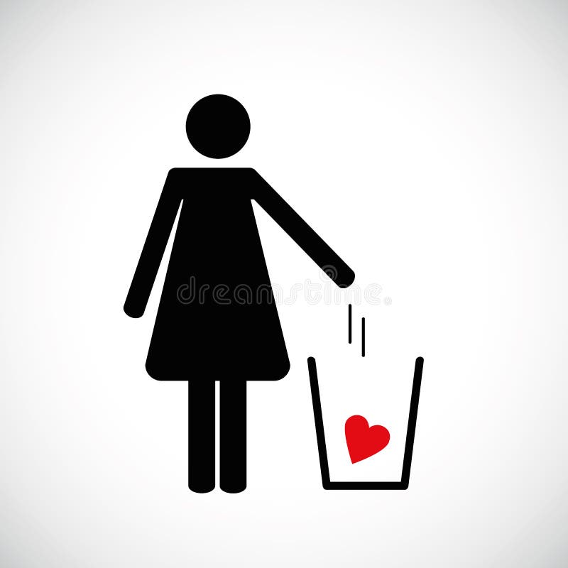 La donna getta il cuore nell'icona del pittogramma dei rifiuti illustrazione vettoriale La donna getta il cuore nell'icona del pittogramma dei rifiuti illustrazione vettoriale