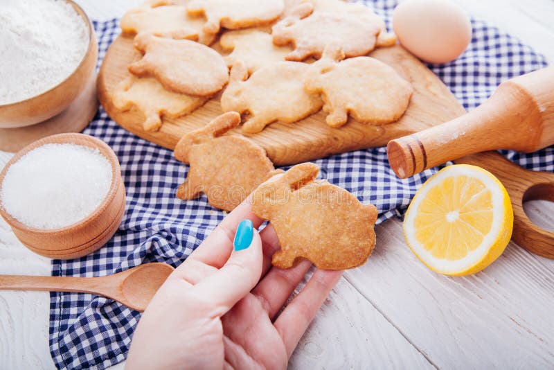 La donna giudica il biscotto a forma di coniglietto di Pasqua circondato con gli ingredienti fotografia stock La donna giudica il biscotto a forma di coniglietto di Pasqua circondato con gli ingredienti fotografia stock