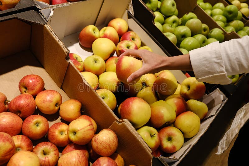 La donna sceglie le mele nel deposito contatore in mele in un supermercato fotografia stock La donna sceglie le mele nel deposito contatore in mele in un supermercato fotografia stock