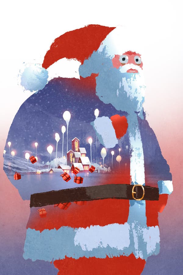 La double exposition du père noël et l'hiver aménagent en parc avec le village d'imagination illustration libre de droits La double exposition du père noël et l'hiver aménagent en parc avec le village d'imagination illustration libre de droits