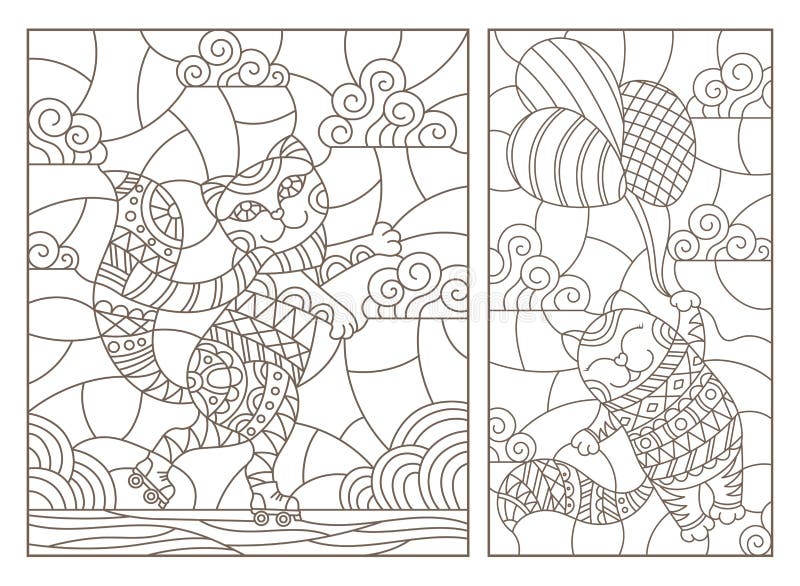 La découpe a placé avec des illustrations des fenêtres en verre teinté avec des chats drôles de bande dessinée, un vol de chat su illustration de vecteur La découpe a placé avec des illustrations des fenêtres en verre teinté avec des chats drôles de bande dessinée, un vol de chat su illustration de vecteur