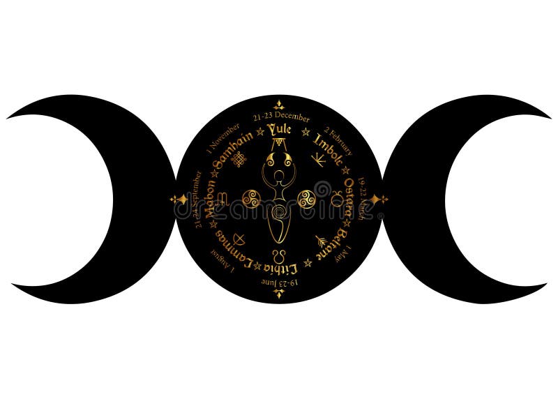 La déesse païenne de lune Wicca triple noire, roue de l'année est un cycle annuel des festivals saisonniers Vacances d'un calendr illustration stock