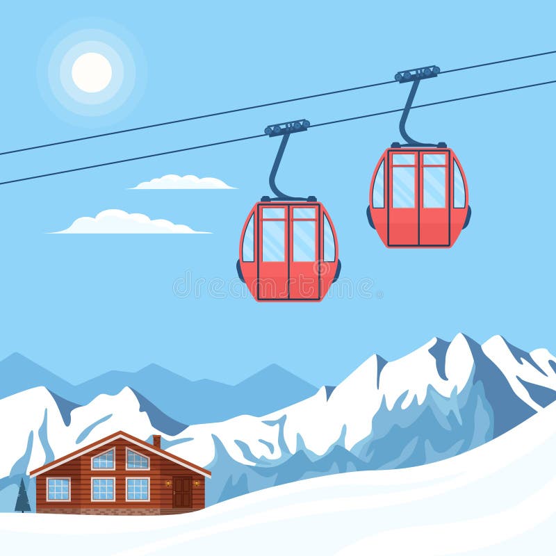 La elevación roja de la góndola del esquí se mueve en un cablecarril en el fondo de las montañas de la nieve del invierno, de las stock de ilustración La elevación roja de la góndola del esquí se mueve en un cablecarril en el fondo de las montañas de la nieve del invierno, de las stock de ilustración