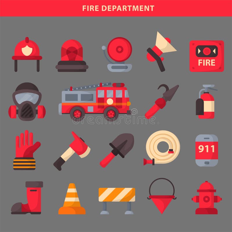 Fire safety equipment emergency icons firefighter symbols safe danger accident flame protection vector illustration. Hazard warning caution tool firefighting tools. Fire safety equipment emergency icons firefighter symbols safe danger accident flame protection vector illustration. Hazard warning caution tool firefighting tools.