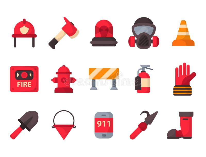 Fire safety equipment emergency icons firefighter symbols safe danger accident flame protection vector illustration. Hazard warning caution tool firefighting tools. Fire safety equipment emergency icons firefighter symbols safe danger accident flame protection vector illustration. Hazard warning caution tool firefighting tools.