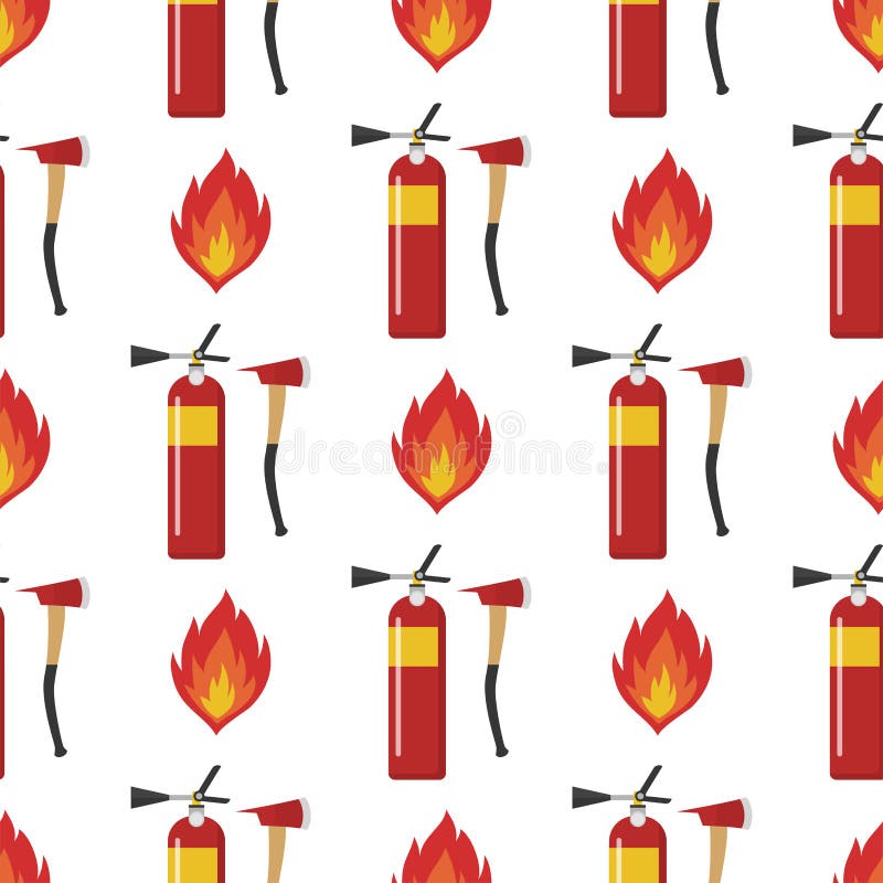 Fire safety equipment emergency firefighter seamless pattern safe danger accident flame protection vector illustration. Hazard warning caution tool firefighting tools. Fire safety equipment emergency firefighter seamless pattern safe danger accident flame protection vector illustration. Hazard warning caution tool firefighting tools.