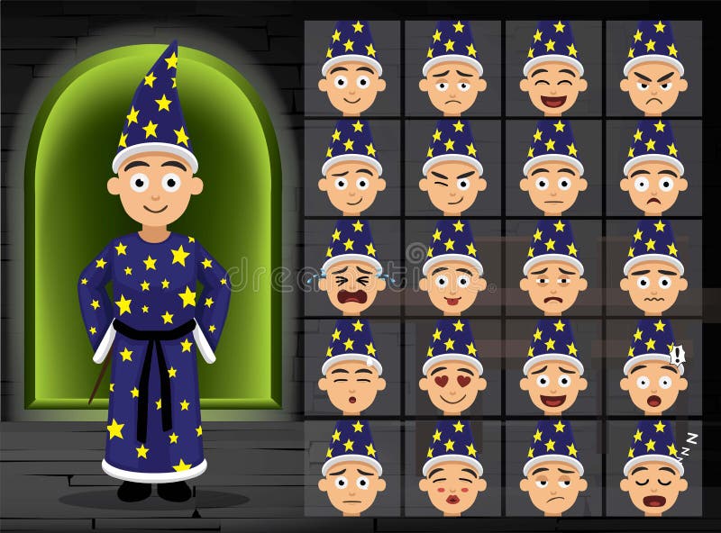 La emoción azul de la historieta del muchacho del traje de la bruja hace frente al ejemplo del vector ilustración del vector La emoción azul de la historieta del muchacho del traje de la bruja hace frente al ejemplo del vector ilustración del vector