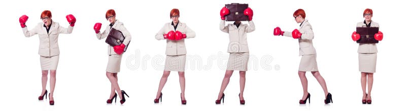 La empresaria de la mujer con los guantes de boxeo en blanco foto de archivo libre de regalías