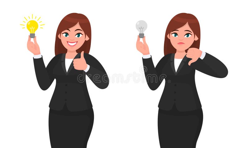 La empresaria feliz que sostiene la bombilla brillante y que muestra manosea con los dedos encima de muestra Mujer infeliz que so stock de ilustración La empresaria feliz que sostiene la bombilla brillante y que muestra manosea con los dedos encima de muestra Mujer infeliz que so stock de ilustración