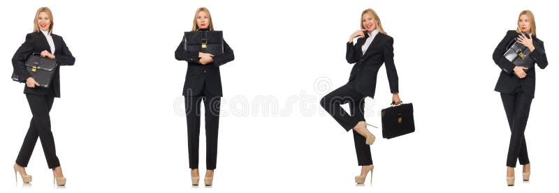 La empresaria joven con la cartera aislada en blanco imagenes de archivo La empresaria joven con la cartera aislada en blanco imagenes de archivo