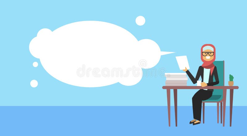 La empresaria árabe que se sienta en el control del escritorio de oficina un papel burbujea, concepto de trabajo duro del proceso libre illustration La empresaria árabe que se sienta en el control del escritorio de oficina un papel burbujea, concepto de trabajo duro del proceso libre illustration