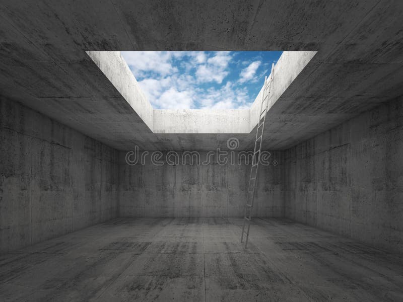La escalera va al cielo hacia fuera del interior concreto oscuro, 3d ilustración del vector La escalera va al cielo hacia fuera del interior concreto oscuro, 3d ilustración del vector