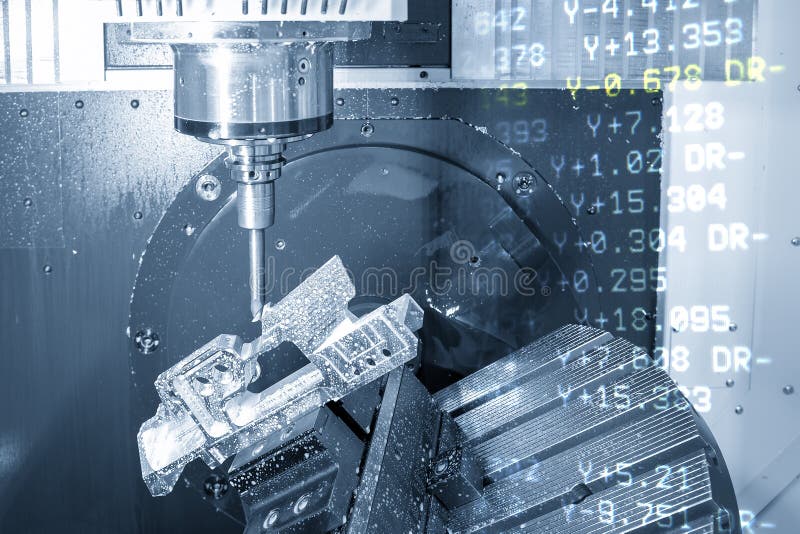 La escena abstracta de la CNC fresadora de 5 ejes que corta la parte aeroespacial con el fondo de los datos del gcode. stock de ilustración